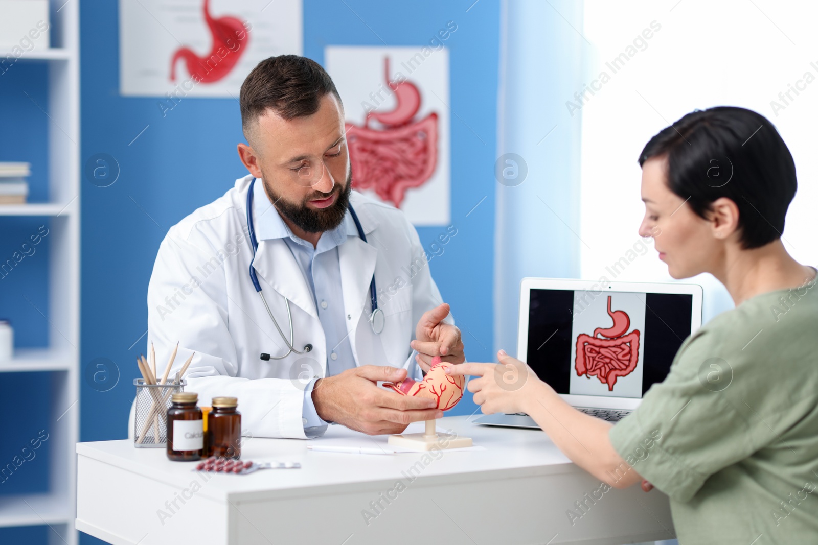 Gastroenterologist with model of stomach consulting woman in clinic Photo of Gastroenterologist with model of stomach consulting woman in clinic