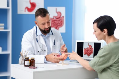 Photo of Gastroenterologist with model of stomach consulting woman in clinic