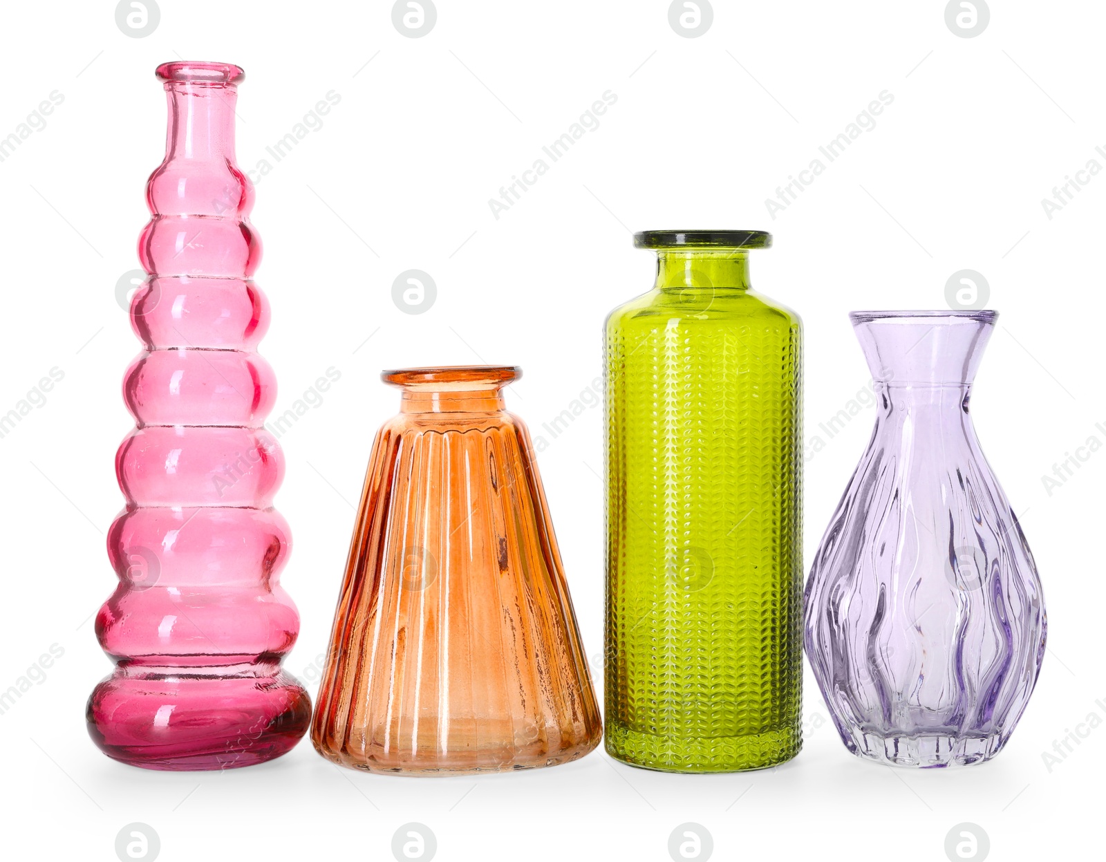 Photo of Different beautiful glass vases isolated on white