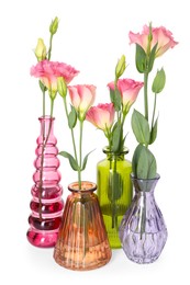 Photo of Beautiful eustoma flowers in glass vases isolated on white