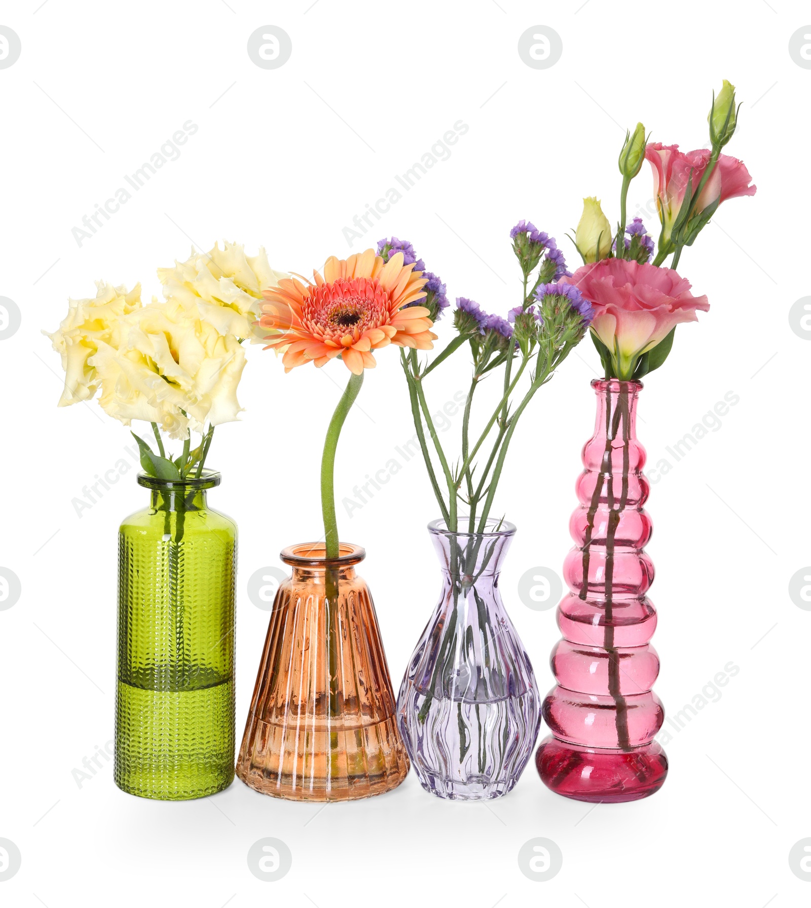 Photo of Different beautiful flowers in glass vases isolated on white