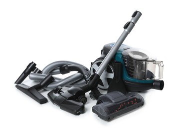 Photo of Vacuum cleaner parts on white background. Household appliance