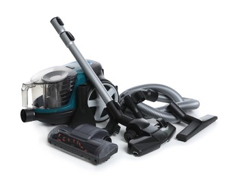 Photo of Vacuum cleaner parts on white background. Household appliance