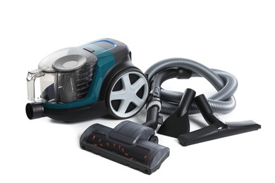 Photo of Vacuum cleaner parts on white background. Household appliance