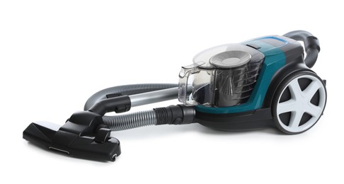 Photo of One vacuum cleaner on white background. Household appliance