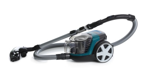 Photo of One vacuum cleaner on white background. Household appliance