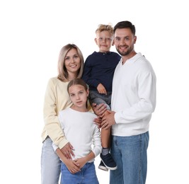 Photo of Family portrait of happy parents and their children on white background