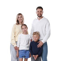 Photo of Family portrait of happy parents and their children on white background