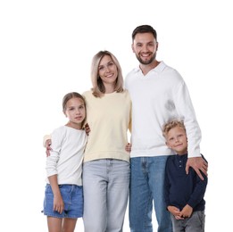 Photo of Family portrait of happy parents and their children on white background