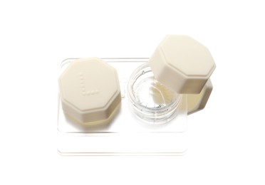 Photo of Case with contact lenses isolated on white, above view