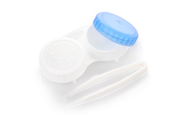 Photo of Case with contact lenses and tweezers isolated on white, above view