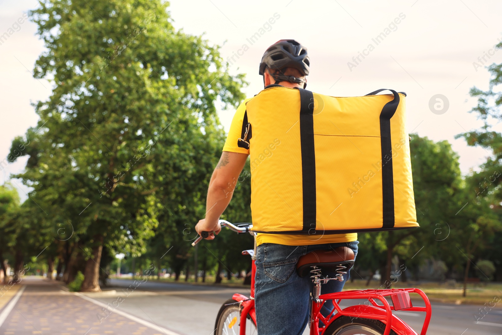 Courier with thermo bag riding bicycle outdoors, back view. Food delivery service Photo of Courier with thermo bag riding bicycle outdoors, back view. Food delivery service