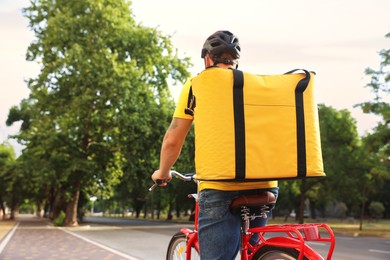 Photo of Courier with thermo bag riding bicycle outdoors, back view. Food delivery service