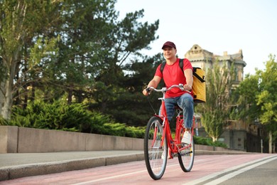 Photo of Courier with thermo bag riding bicycle outdoors, space for text. Food delivery service