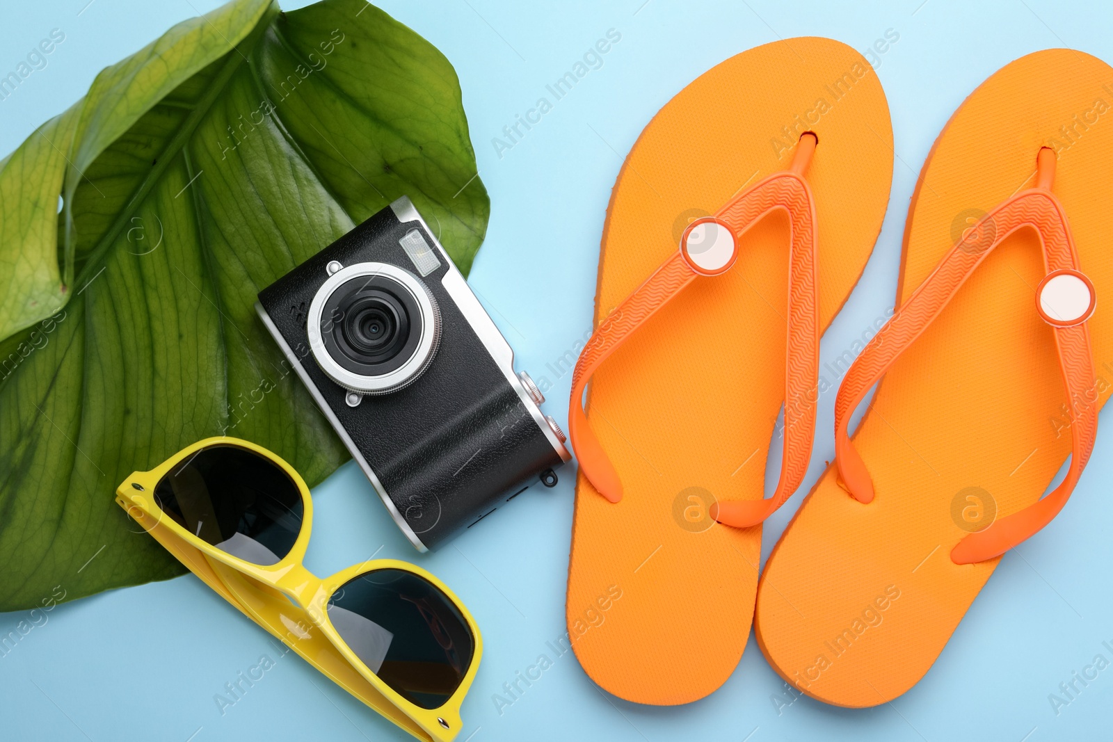 Photo of Time for summer vacation. Camera, green leaf and beach accessories on light blue background, flat lay