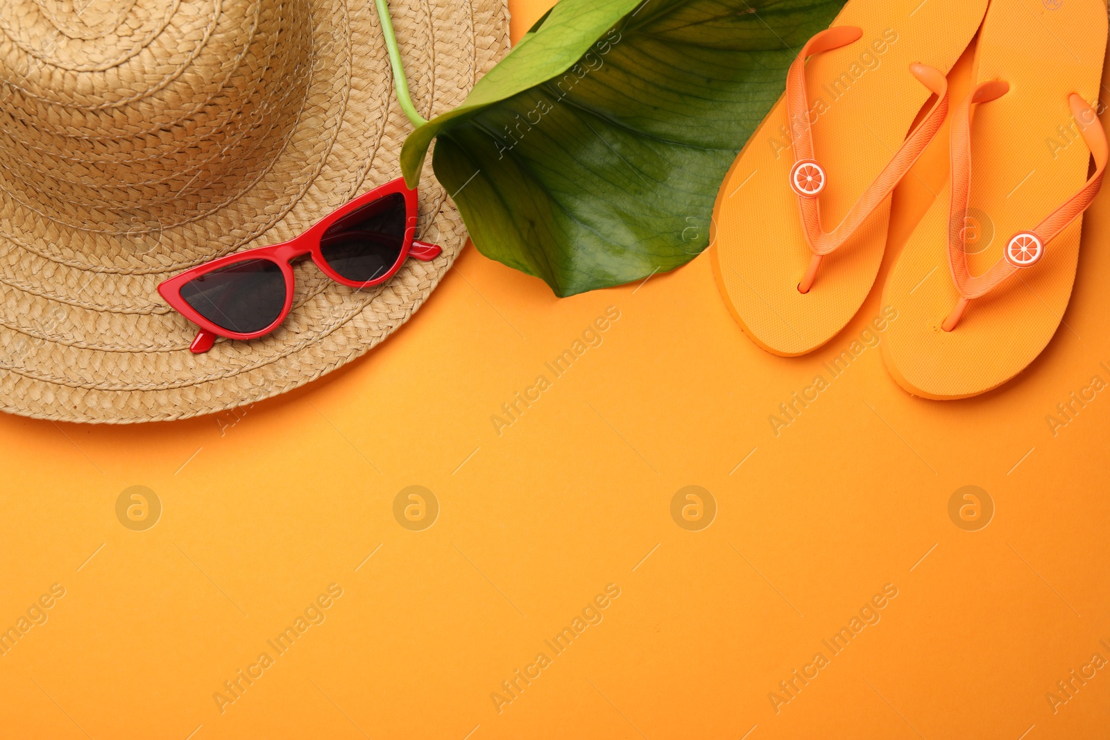 Time for summer vacation. Beach accessories and green leaf on orange background, flat lay. Space for text Photo of Time for summer vacation. Beach accessories and green leaf on orange background, flat lay. Space for text
