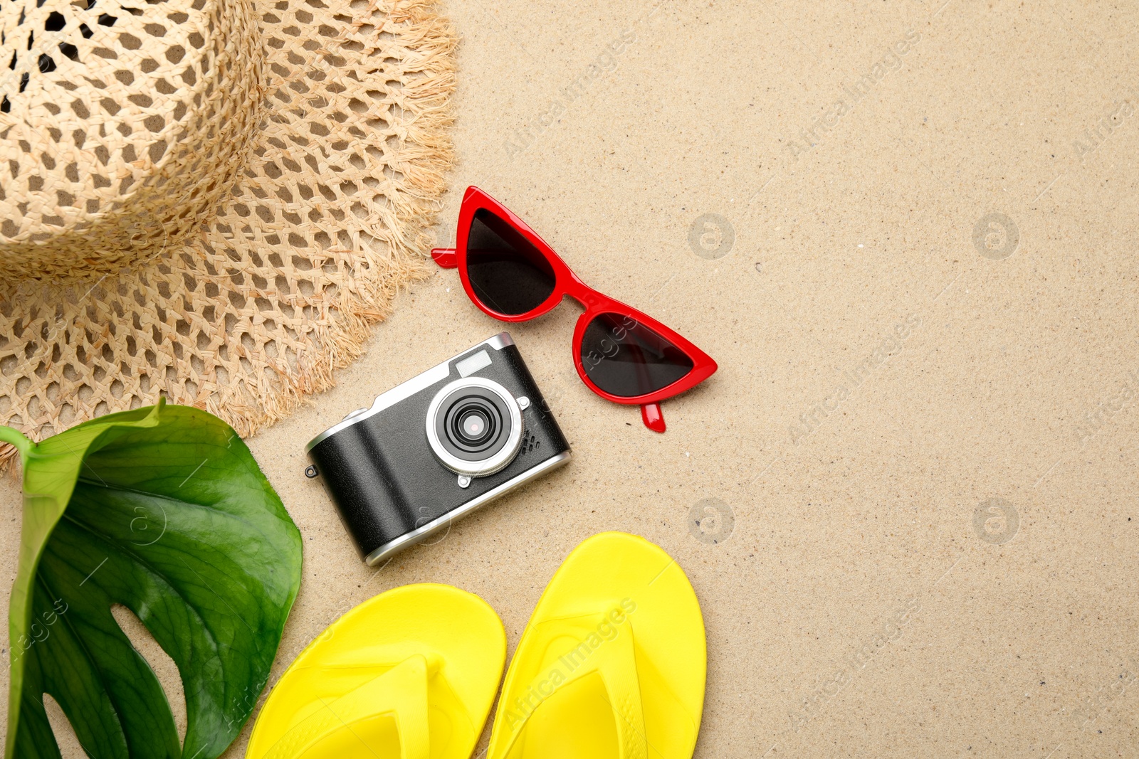 Photo of Time for summer vacation. Camera, green leaf and beach accessories on sand, flat lay. Space for text