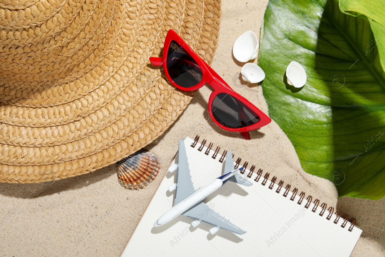 Photo of Time for summer vacation. Toy plane, notebook, green leaf and beach accessories on sand, flat lay