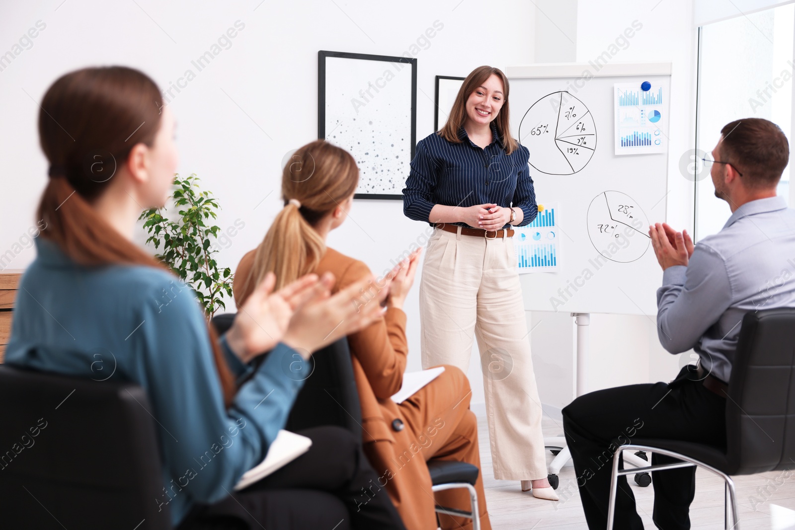 Business coach giving presentation to group of people in office Photo of Business coach giving presentation to group of people in office