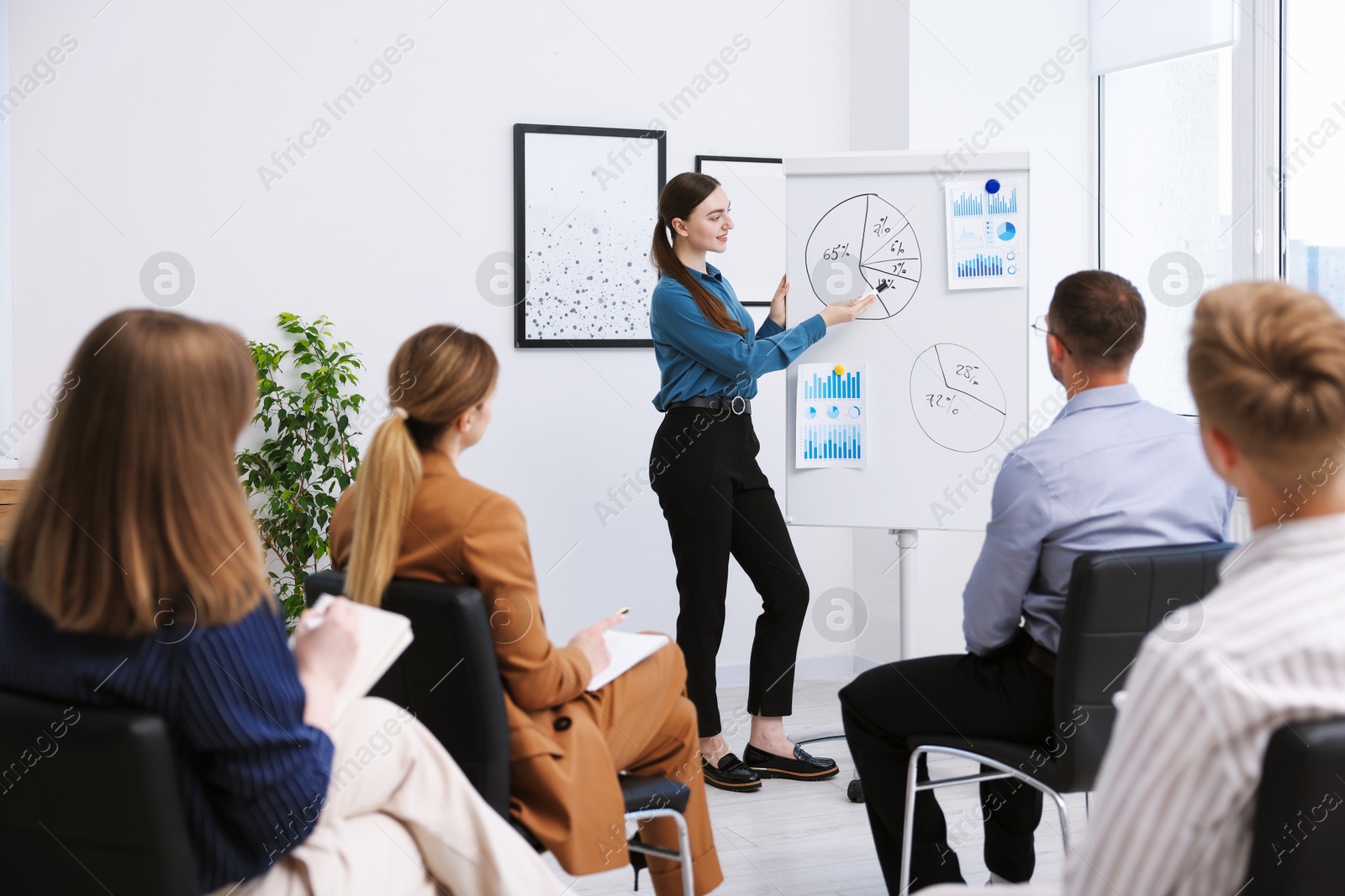 Business coach giving presentation to group of people in office Photo of Business coach giving presentation to group of people in office