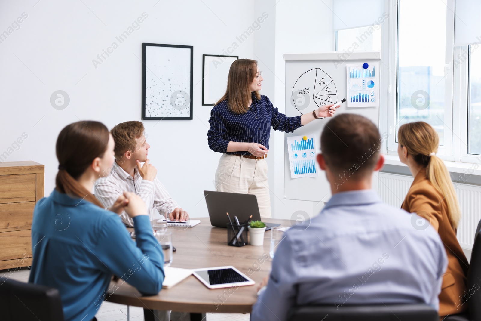 Business coach giving presentation to group of people in office Photo of Business coach giving presentation to group of people in office
