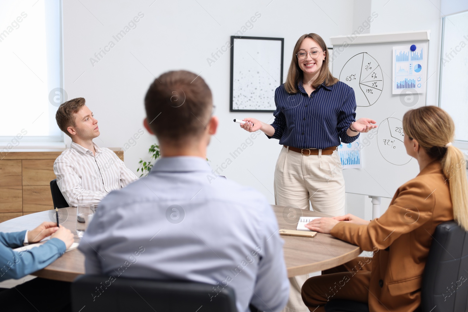 Business coach giving presentation to group of people in office Photo of Business coach giving presentation to group of people in office