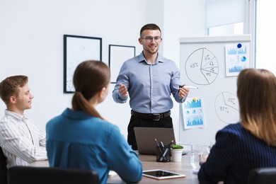 Photo of Business coach giving presentation to group of people in office