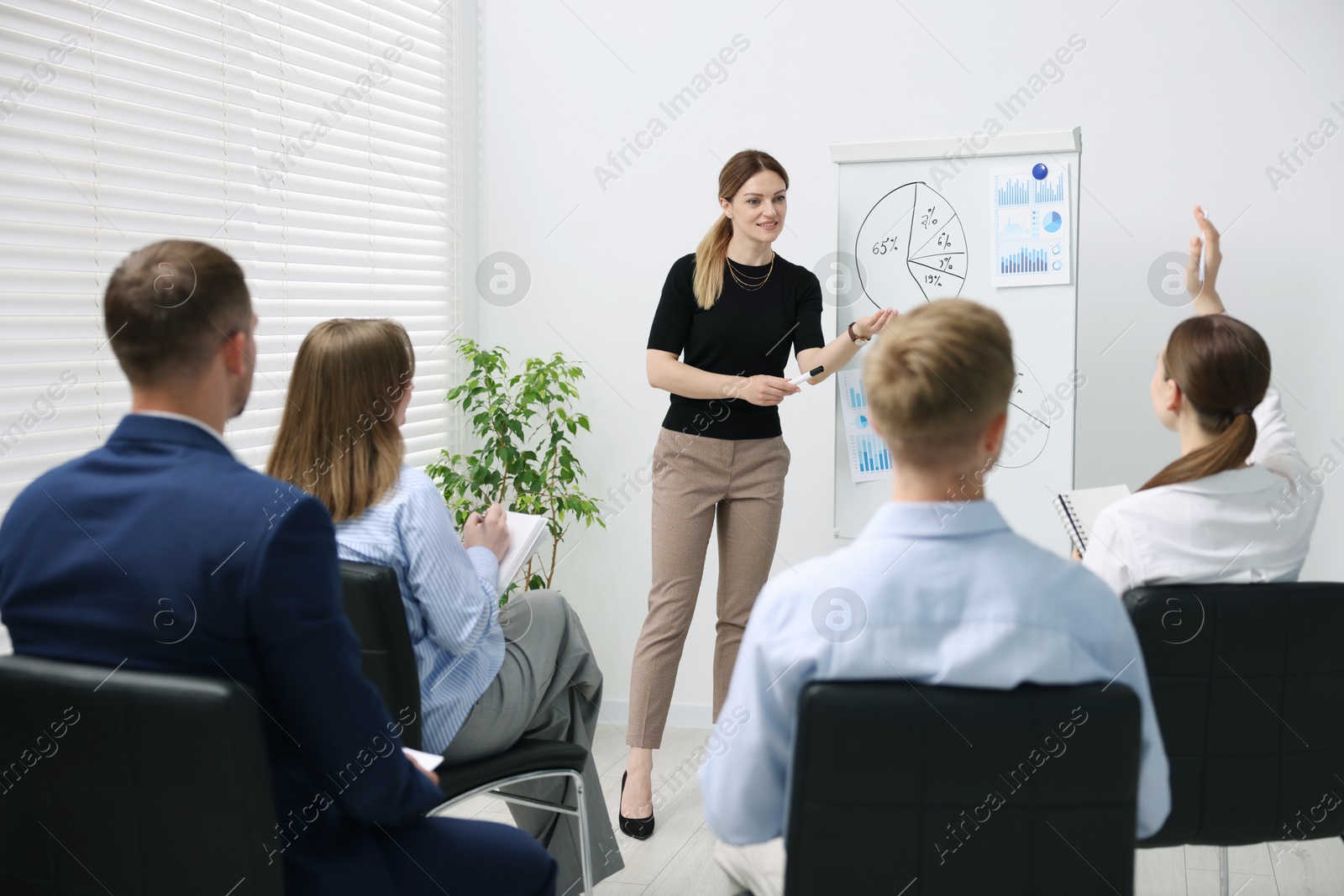Business coach giving presentation to group of people in office Photo of Business coach giving presentation to group of people in office