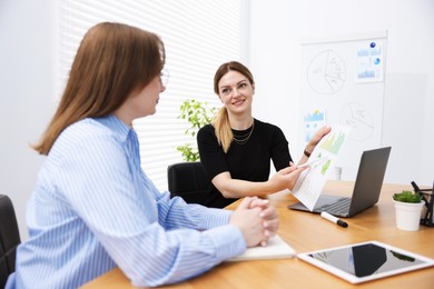 Photo of Business coach working with woman at wooden table in office