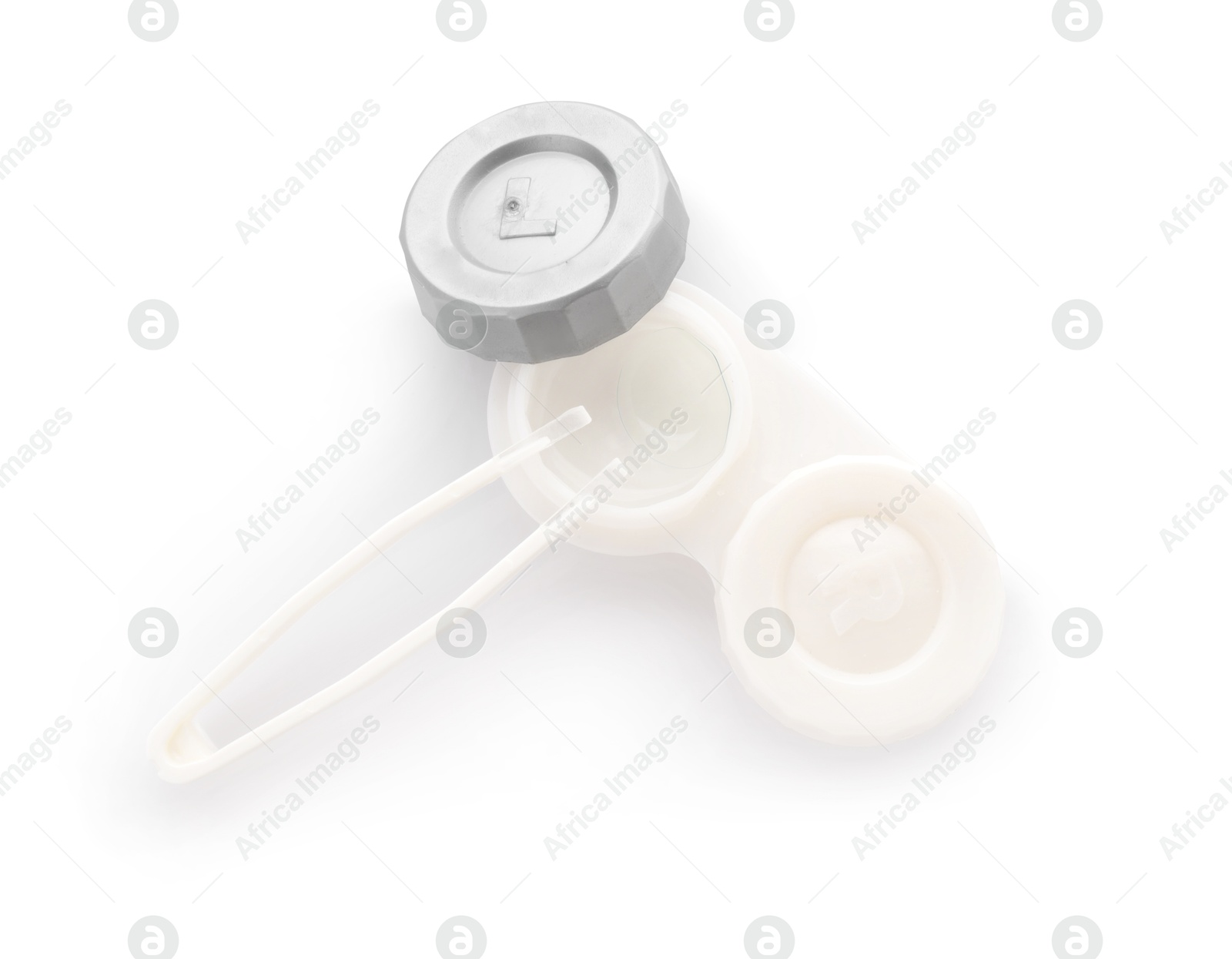 Case with contact lenses and tweezers isolated on white, top view Photo of Case with contact lenses and tweezers isolated on white, top view