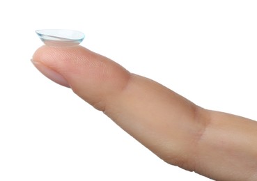 Photo of Woman with contact lens on white background, closeup