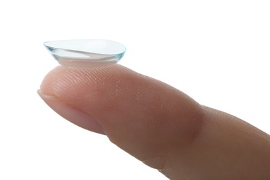 Photo of Woman with contact lens on white background, closeup