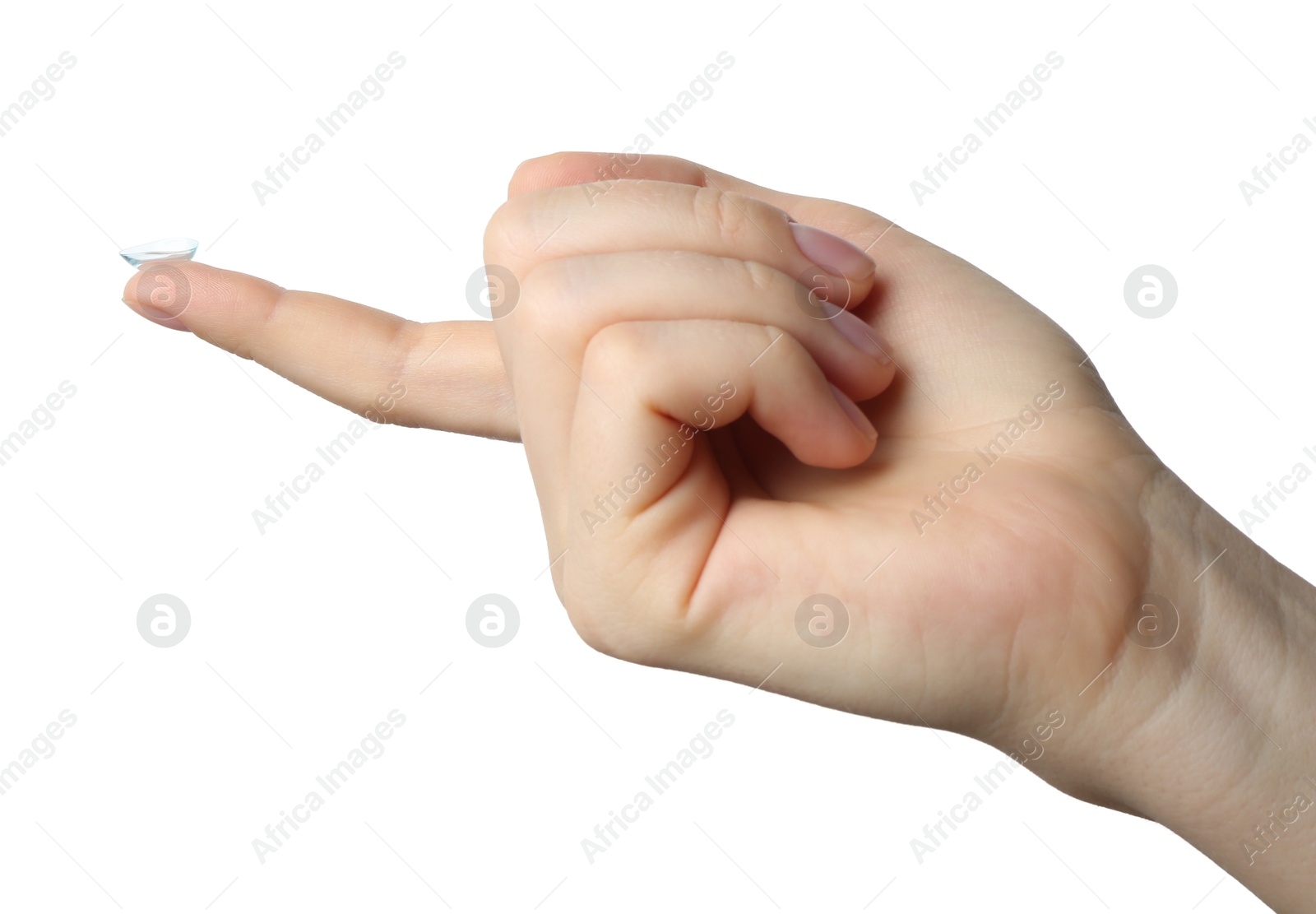 Woman with contact lens on white background, closeup Photo of Woman with contact lens on white background, closeup