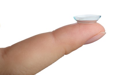 Photo of Woman with contact lens on white background, closeup