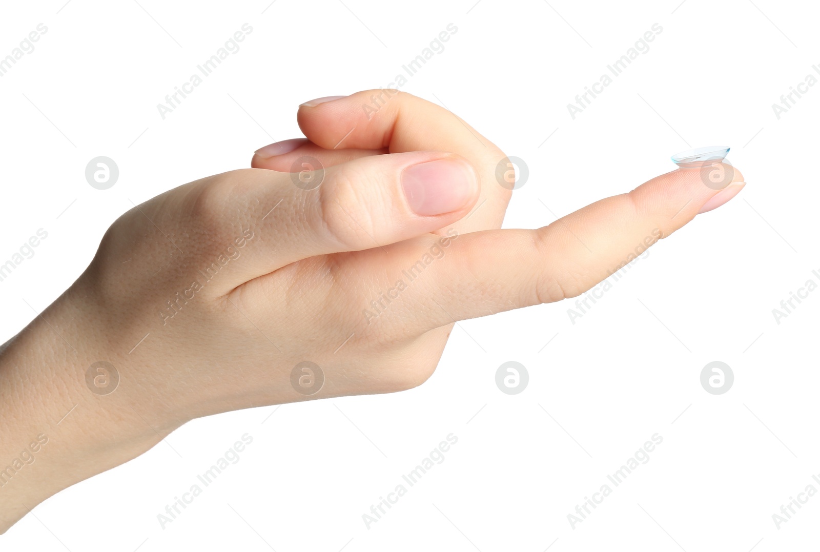 Woman with contact lens on white background, closeup Photo of Woman with contact lens on white background, closeup