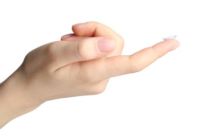 Photo of Woman with contact lens on white background, closeup