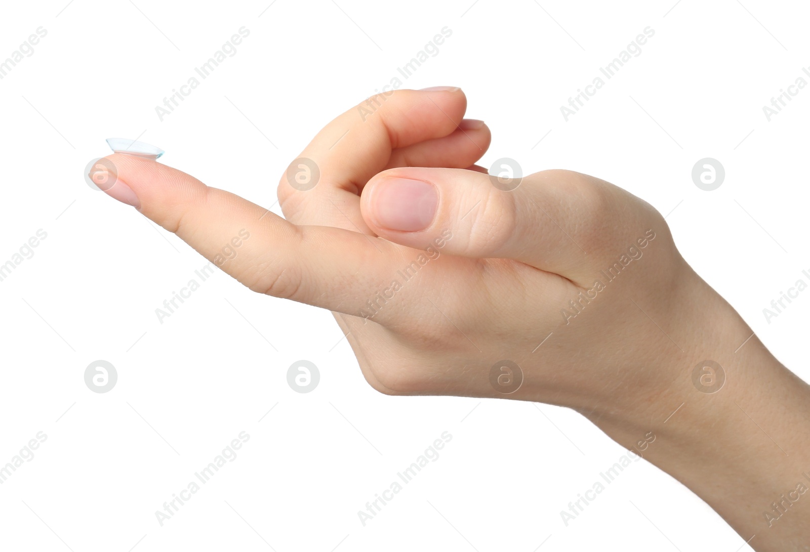 Woman with contact lens on white background, closeup Photo of Woman with contact lens on white background, closeup