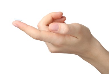 Photo of Woman with contact lens on white background, closeup