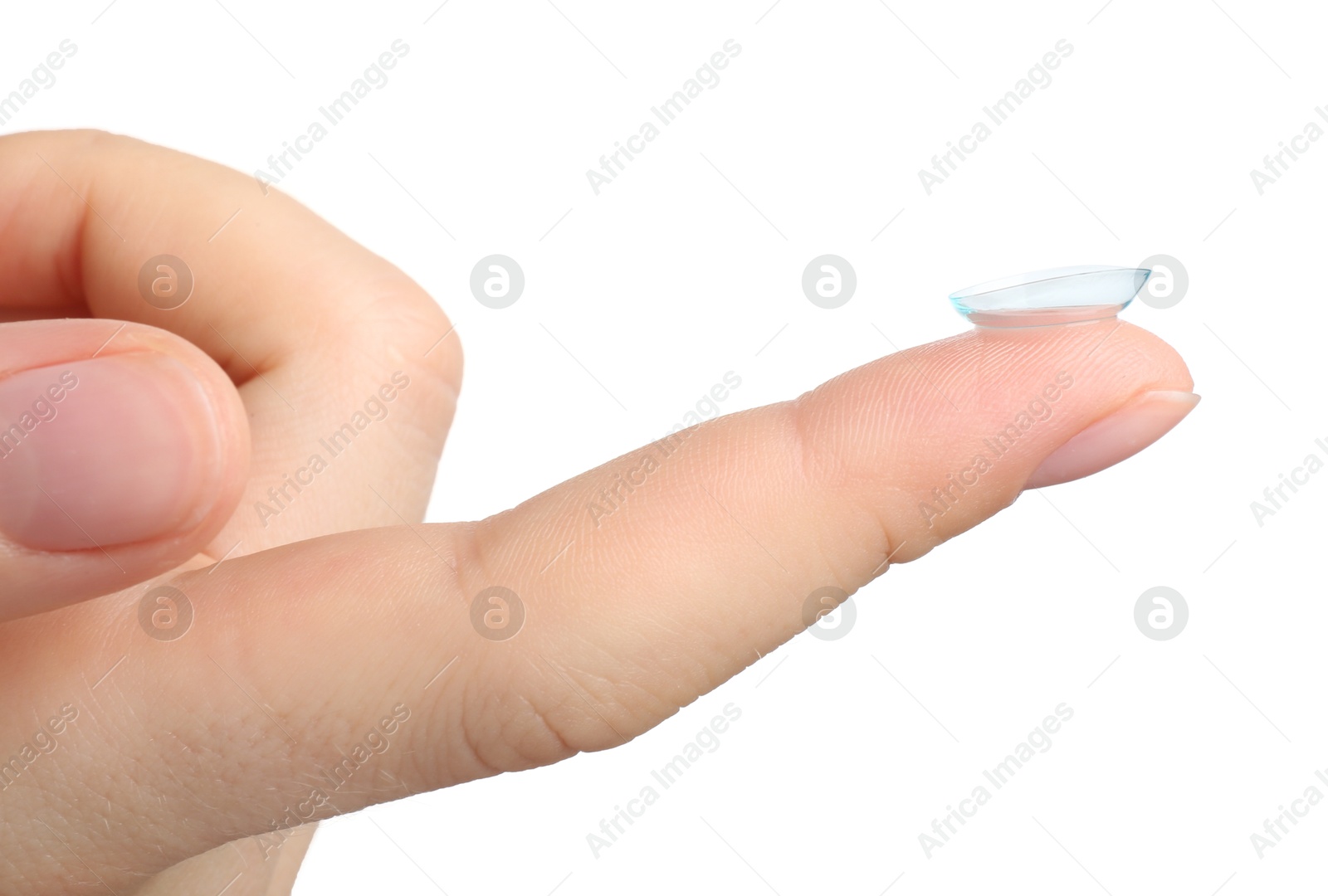 Woman with contact lens on white background, closeup Photo of Woman with contact lens on white background, closeup