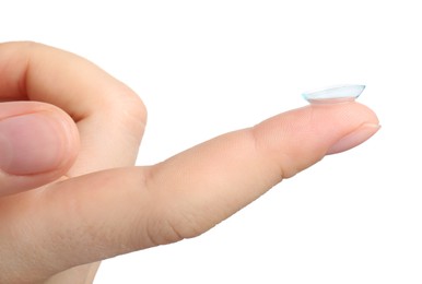 Photo of Woman with contact lens on white background, closeup