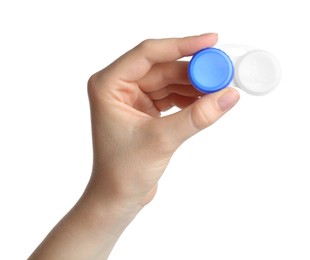 Photo of Woman holding case with contact lenses on white background, closeup