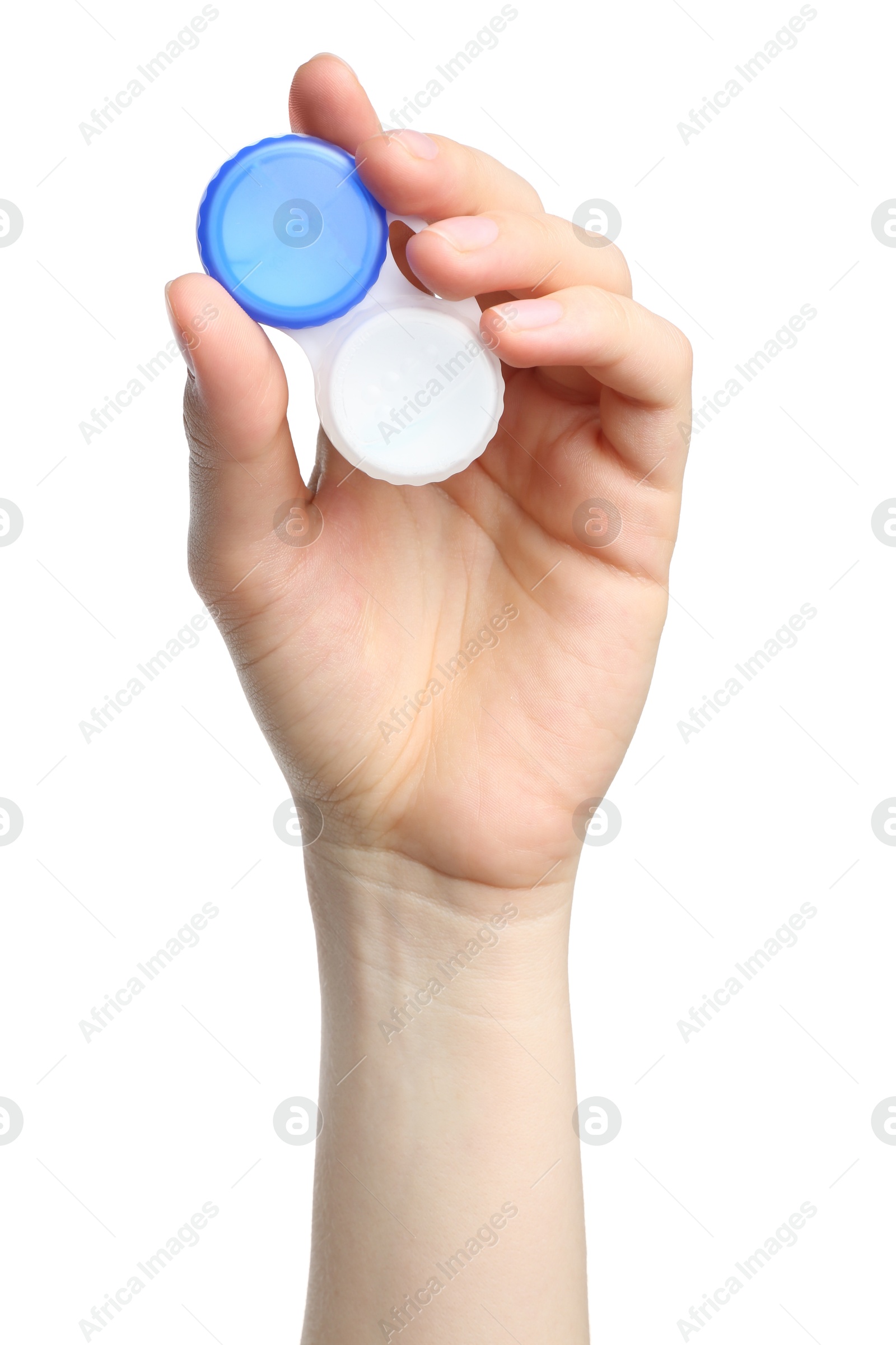 Woman holding case with contact lenses on white background, closeup Photo of Woman holding case with contact lenses on white background, closeup