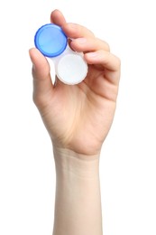 Photo of Woman holding case with contact lenses on white background, closeup