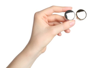 Photo of Woman holding case with contact lenses on white background, closeup
