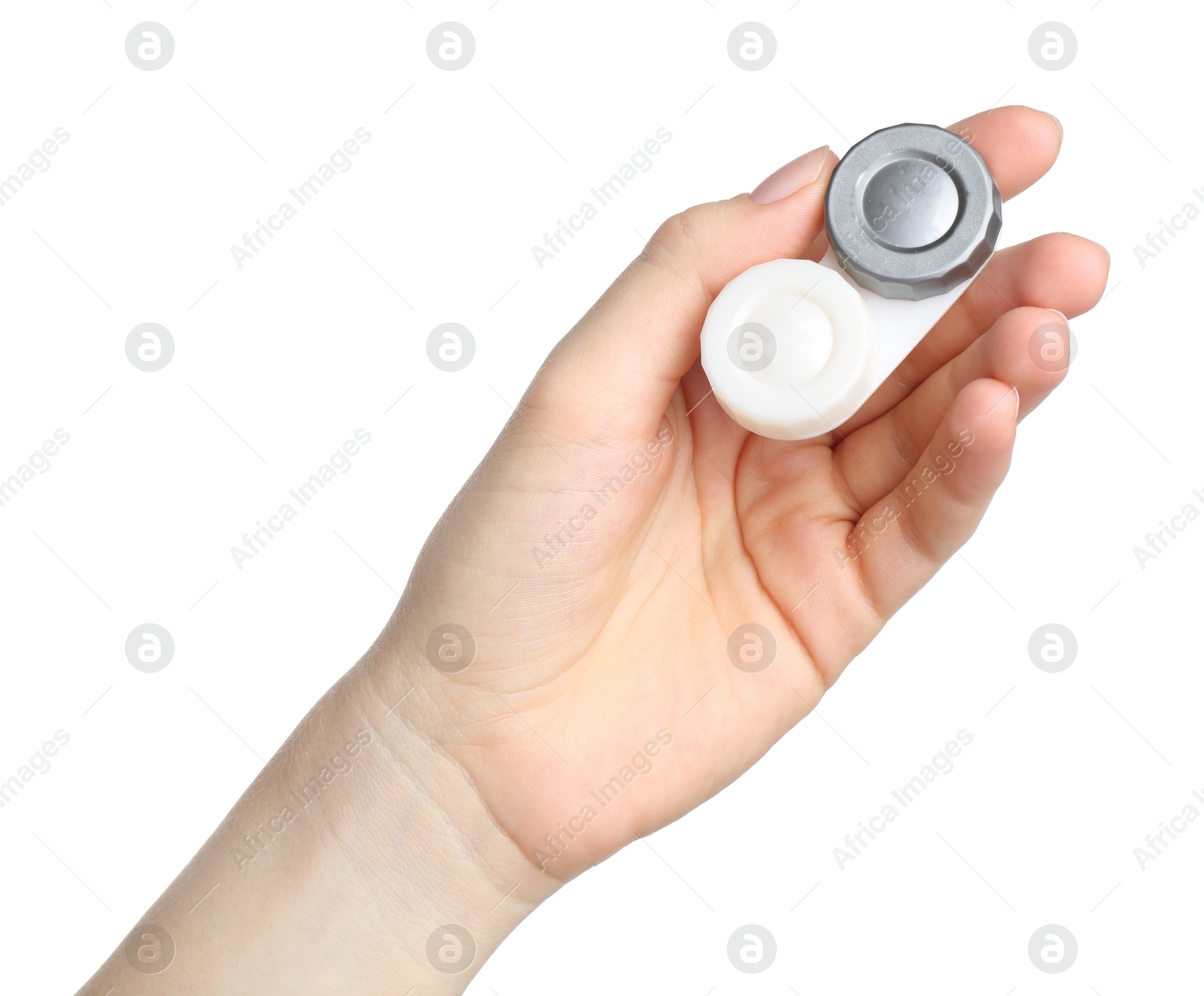 Woman holding case with contact lenses on white background, closeup Photo of Woman holding case with contact lenses on white background, closeup
