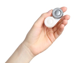 Photo of Woman holding case with contact lenses on white background, closeup