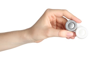 Photo of Woman holding case with contact lenses on white background, closeup