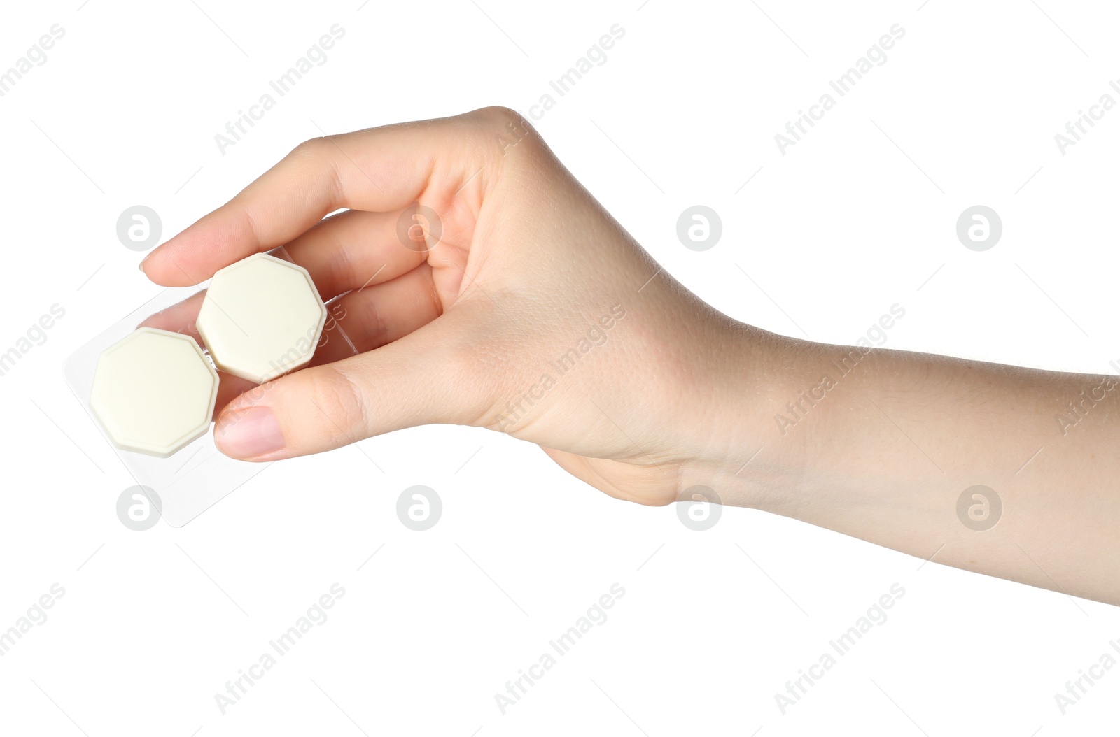 Woman holding case with contact lenses on white background, closeup Photo of Woman holding case with contact lenses on white background, closeup