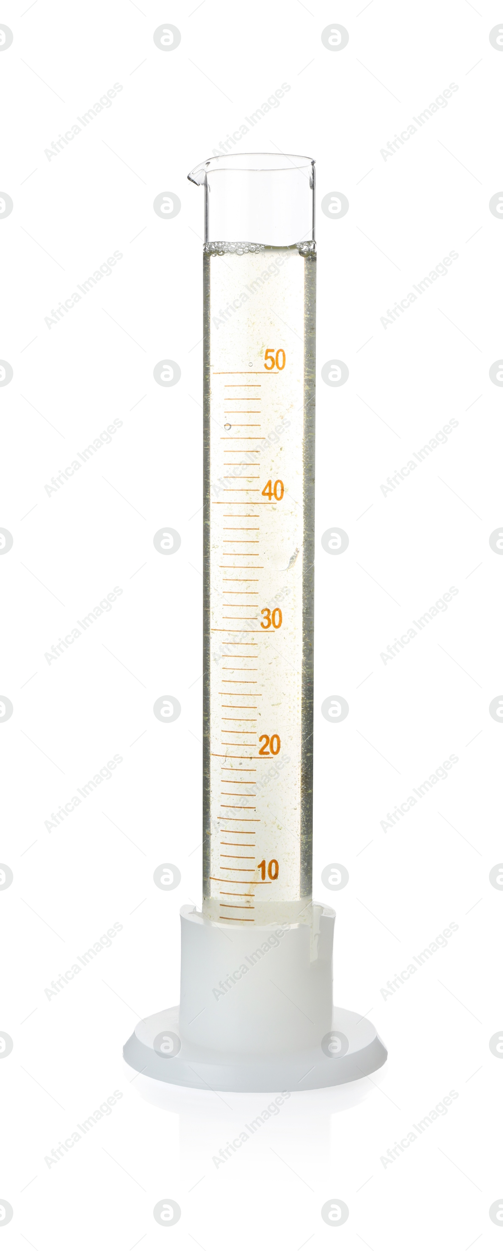 Photo of Measuring cylinder with dirty water isolated on white