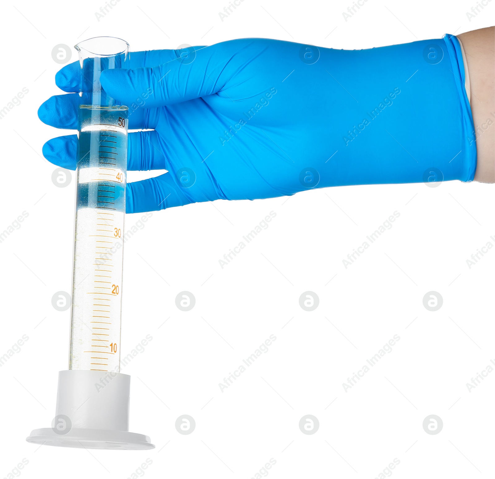 Photo of Scientist holding measuring cylinder with dirty water on white background, closeup